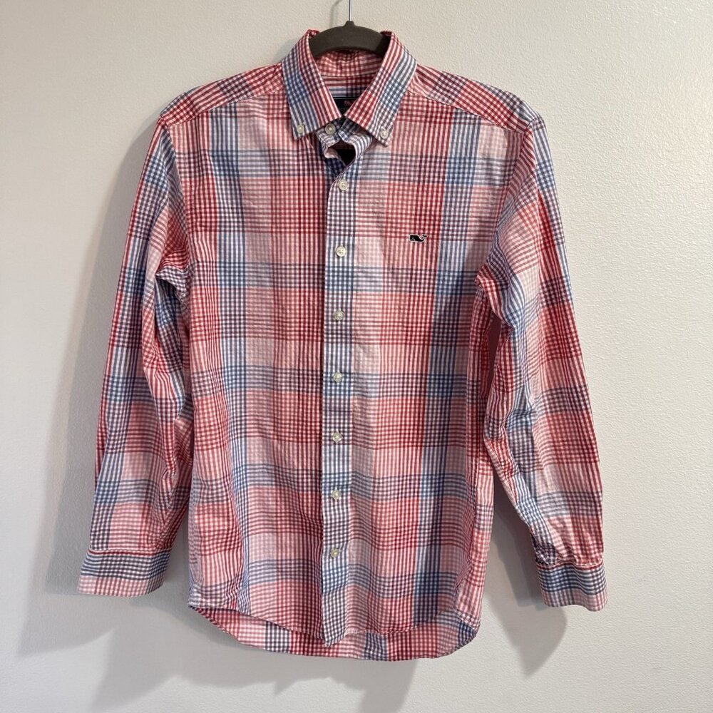 Vineyard Vines Whale Shirt Mens XS Gingham Check Plaid Button Front Red Blue